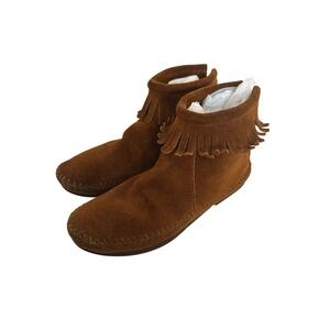 Women's Brown Suede Fringe Back Zip Moccasin Ankle Boots Size 6